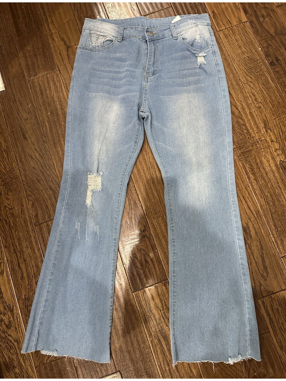 Women’s Blue Light Wash Distressed Bootcut Denim 5-Pocket Jeans Size L